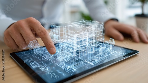 Architect working with BIM technology on digital tablet, 3D building model visible