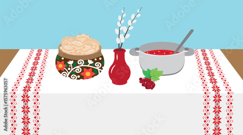 Illustration of a table with a pitcher of vesper and a bowl of borscht