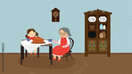 Grandmother and granddaughter are sitting at the table. Vector illustration.