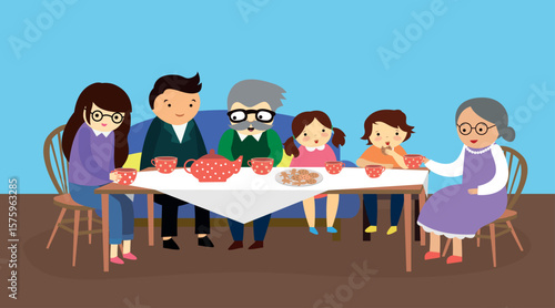 Grandparents and grandchildren at the table. Vector illustration in flat style