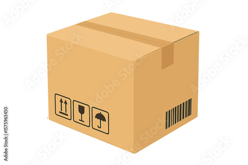 Realistic cardboard shipping box. Sealed carton container for delivery, moving or storage. Parcel with fragile, keep dry, this way up icons and barcode. Vector illustration.