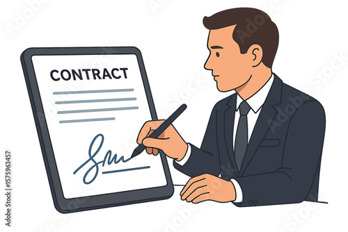 Businessman signing digital contract on tablet with stylus pen. E-signature technology concept. Electronic signature for online document agreement and paperless office business.