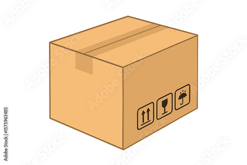 Carton delivery packaging box for shipping and moving. Vector illustration of a sealed cardboard parcel with fragile and keep dry warning symbols. Logistics and storage concept.