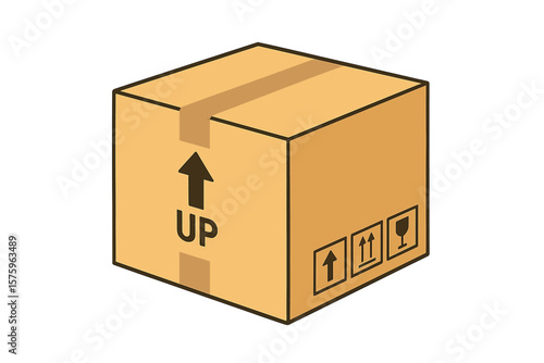 Sealed cardboard delivery box vector illustration. Brown carton package for shipping, moving, or storage. Parcel with fragile handling symbols, tape, and this side up arrow.