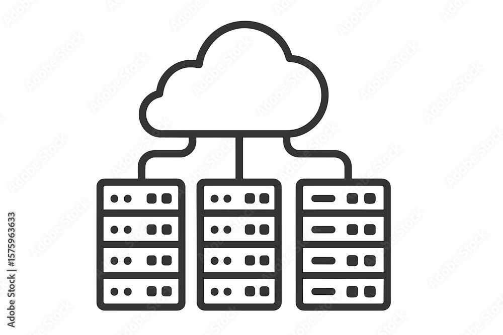 Cloud computing technology concept. Data hosting servers connected to cloud storage. Vector line icon of network infrastructure, database center, web hosting, information transfer. Cloud computing technology concept. Data hosting servers connected to cloud storage. Vector line icon of network infrastructure, database center, web hosting, information transfer.