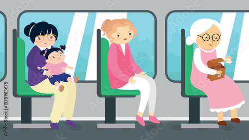 Grandmother, grandmother and granddaughter sitting in the train. Vector illustration