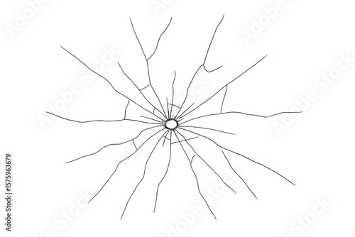 Realistic cracked glass texture with a bullet hole in the center. Shattered surface from impact. Vandalism, destruction and damage concept. Vector illustration on transparent background.