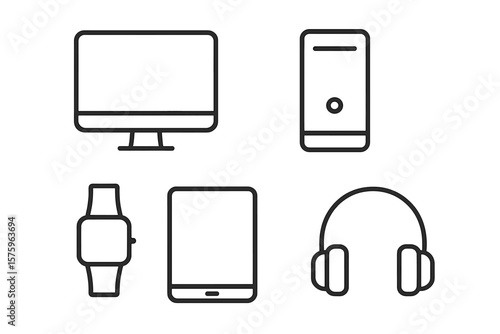Devices line icon set. Technology gadget symbols. Computer, monitor, smartphone, tablet, smartwatch, headphones. Vector outline pictogram with editable stroke for web and UI UX.