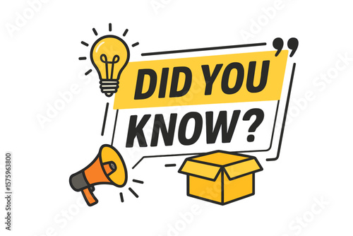 Did you know question mark in speech bubble. Interesting fact, knowledge, and trivia label. Banner design with light bulb idea and megaphone for marketing and advertising.