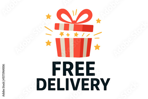 Free delivery promotion banner. E-commerce shipping concept with open surprise gift box. Online shopping bonus offer. Present icon for marketing and advertising. Vector design.