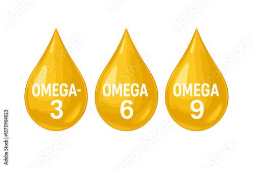 Omega 3, 6, 9 golden oil drop icons. Fish oil, polyunsaturated fatty acids complex. EPA, DHA supplement for nutrition, health. Vitamin, nutrient vector illustration set.