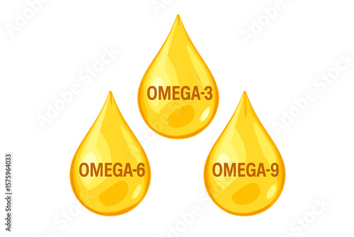 Gold drops of Omega 3, 6 and 9. Polyunsaturated fatty acids icon set. Natural fish oil, organic vitamin supplement. Nutrient, EPA, DHA. Healthy food, nutrition concept.