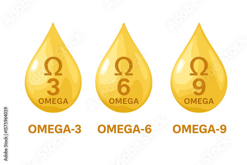 Omega 3, 6, and 9 golden oil drop icon set. Polyunsaturated fatty acids. Nutrition supplement for healthcare. Healthy food, vitamin, and fish oil concept. Vector logo.