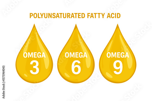 Gold drops Omega 3, 6, 9. Polyunsaturated fatty acids complex. Nutrition supplement icon. Essential fats for health and wellness. Fish oil liquid symbol. Vector illustration.
