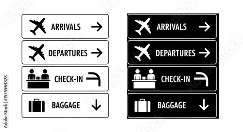 Airport Signage Set in Black and White | Directional Symbols for Arrivals, Departures, Check-In and Baggage Claim for Travel and Transportation Industry