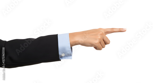 Hand pointing forward in business attire on a clean white backdrop