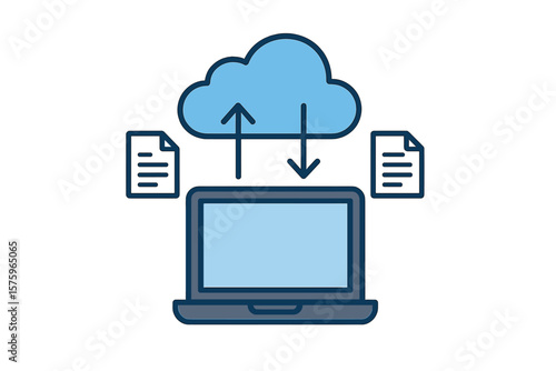 Cloud storage data transfer concept. Laptop uploading and downloading files to cloud server. Information exchange, cloud computing technology, network management, file hosting