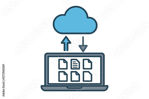 Cloud storage data transfer concept. Laptop uploading and downloading files to cloud server. Cloud computing technology, file sharing, online backup, network management vector