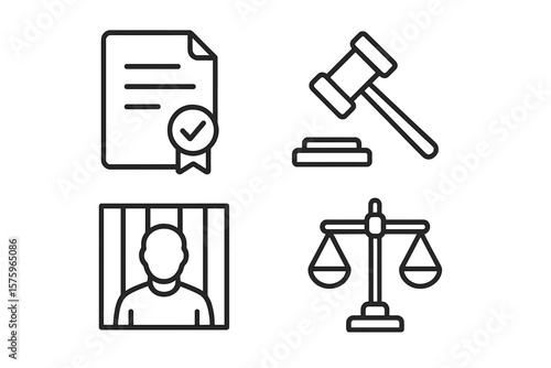 Legal and Justice Line Icons Set – Court Gavel, Legal Document, Prisoner Behind Bars, Scales of Justice, Law, Judgement, Crime, Courtroom, Linear Web and Mobile App Symbols