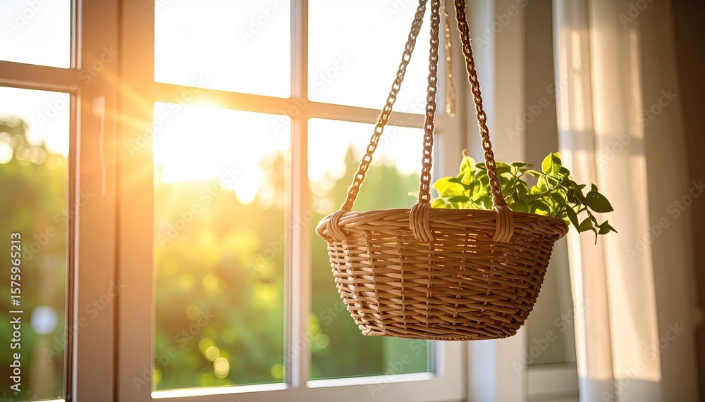 Fototapeta premium Hanging basket of herbs by sunny window