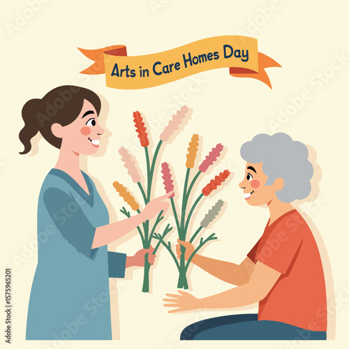 National Day of Arts in Care Homes vector set with symbolic art tools, abstract creativity, intergenerational sharing, and visual storytelling showing art’s impact on elderly wellbeing.