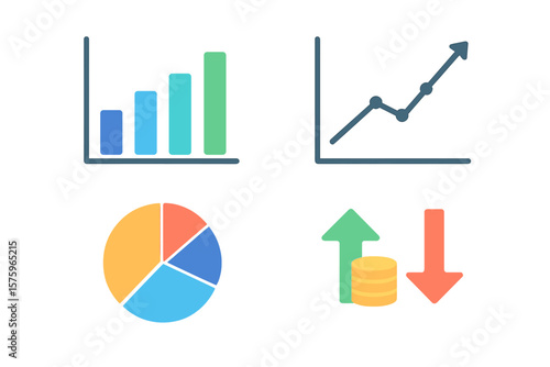 Set of flat business data chart icons. Financial analytics and statistics elements. Bar graph, pie chart, line graph for infographics, market report, investment, and economy.