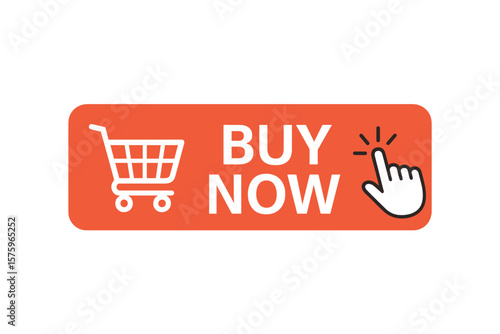 Buy now button with shopping cart. Click here call to action web element. Hand pointer clicking icon. Concept online shopping, e-commerce, purchase. Web design UI element.