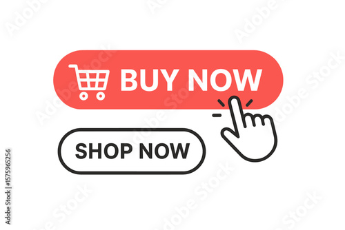 Buy now button with shopping cart and shop now button collection. Hand pointer clicking. Call to action for online shopping website. Web design element for e-commerce store.