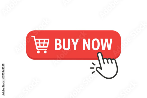 Buy now button with a shopping cart icon and a clicking hand cursor. A vector illustration concept for online shopping, e-commerce websites, and digital stores. Add to cart.