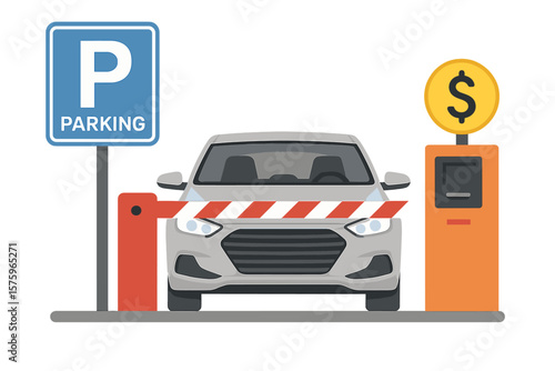 Parking lot concept. Car at the entrance to a paid parking zone. Automatic barrier, gate, payment terminal machine. Vehicle, transport, traffic, safety, security system.