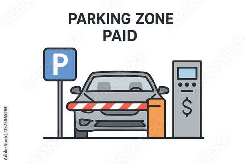Car parking concept. Paid parking zone with automatic barrier gate and payment terminal system. Vehicle entering a secure lot. Urban transport infrastructure vector icon.