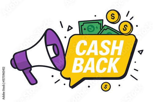 Cash back offer vector banner with megaphone. Return money concept illustration. Money refund service promotion. Loudspeaker label for business, marketing and advertising.