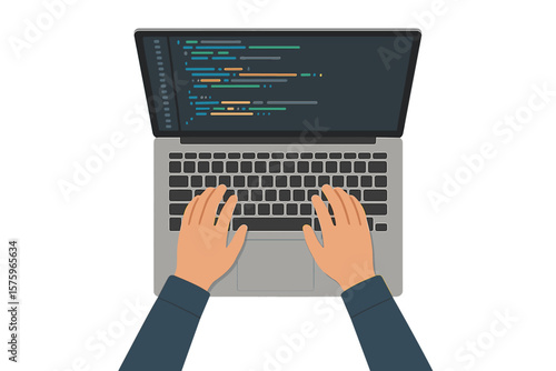 Top view programmer coding on laptop, hands typing on keyboard, computer screen with colorful program code, web development, application design, software engineering concept