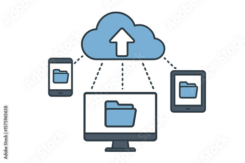 Cloud storage technology concept. Data synchronization and file sharing between devices. Smartphone, tablet and computer connected to a central online server for backup and hosting.