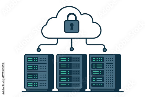 Data hosting servers connected to secure cloud storage. Data storage network technology concept. Online cloud computing with server cabinets for memory and information transfer.