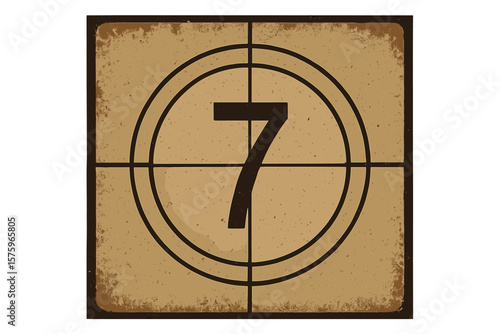 Vintage Film Countdown Number 7. Retro Cinema Movie Timer. Old Grunge Filmstrip Frame. Classic Countdown Leader. Sepia Background. Movie Theater Reel. Film Industry Symbol. Vector Illustration