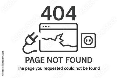 Error 404 page not found concept. Disconnected plug from socket. Website system problem, broken link or unavailable page. Vector web template for UI UX design element.