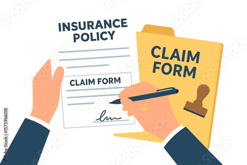 Insurance policy claim form signing. Hand holds document, fills out contract. Folder with stamp. Security, protection, financial safety, property, life insurance concept.