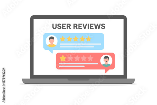 Laptop with user reviews and feedback. Customer rating system showing positive and negative review messages. Five star and one star ratings on computer screen. Online feedback concept