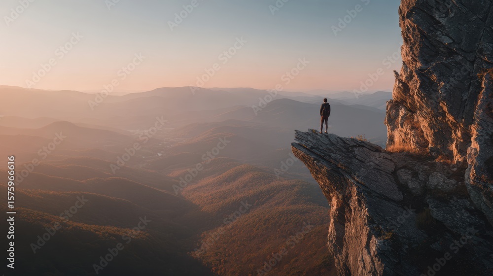 Fototapeta premium Travel influencer standing at mountain cliff edge with scenic view