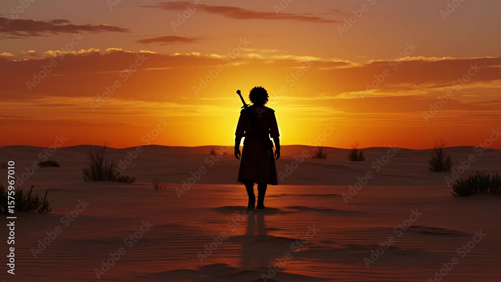 Warrior's Sunset: A Lone Figure Walks Towards a Fiery Horizon in a Desolate Desert Landscape Warrior's Sunset: A Lone Figure Walks Towards a Fiery Horizon in a Desolate Desert Landscape
