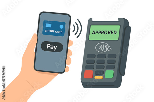 Contactless mobile payment with smartphone and credit card via NFC electronic wallet. POS terminal approves wireless transaction. Digital finance, cashless shopping, secure payment