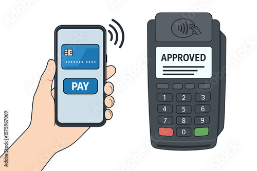 Contactless mobile payment with smartphone and credit card. NFC wireless transaction, POS terminal approval, electronic wallet, secure digital shopping, cashless purchase concept