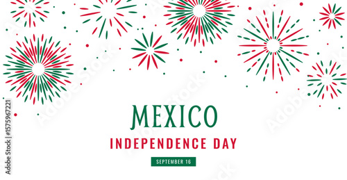 16 September Mexico Independence Day banner template. Red green color of flag Fireworks. Holiday concept