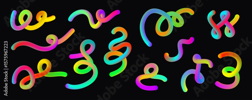 Neon Rainbow wavy lines. Colorful gradient fluid shapes set. Bright 3d effect waves. Curve and dynamic scribble. Abstract Squiggle pack.