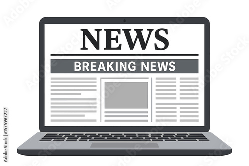 Online newspaper on laptop screen. Digital news website interface. Breaking news headline. Reading daily or weekly news, information updates, events, activities on computer display