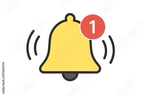 Notification bell icon. Ringing yellow bell with red alert badge. New message, alarm, reminder, smartphone app notification. Shaking bell for alert, warning, update, attention