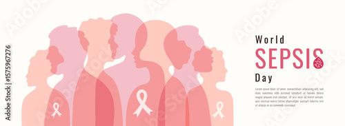 World Sepsis day background. Banner design template. Holiday concept. Silhouettes of people with the illustration of a drop of blood infected with bacteria or viruses. September 13.