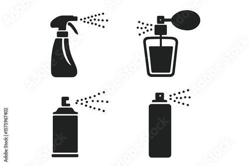 Spray Bottle and Aerosol Can Vector Icons Set. Water Spray, Perfume Atomizer, Paint and Deodorant Sprayer Silhouettes. Black Isolated Spraying Containers Illustration