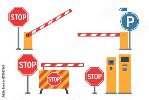 Automatic Car Barrier Gates with Stop Signs, Parking Payment Machines, Construction Barricade, Road Block, Access Control, Security Checkpoint, Parking Lot Entrance Vector